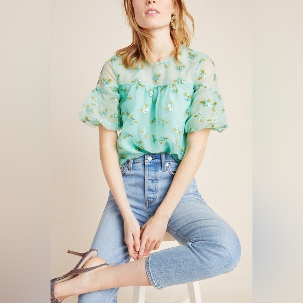 Anthropologie Mint Green Floral Puff-Sleeve Blouse